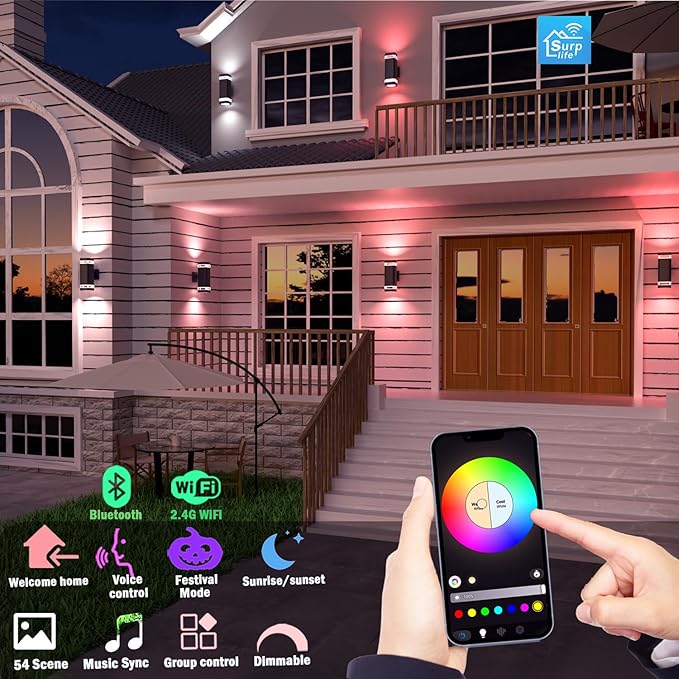 Smart WiFi Outdoor Wall Sconce Lights 2 Pack,Porch Lights RGB Color Changing App Control, Dimmable White Range of 2700K-6500K Up Down Exterior Wall Lights for House,Works with Alexa Google Assistant