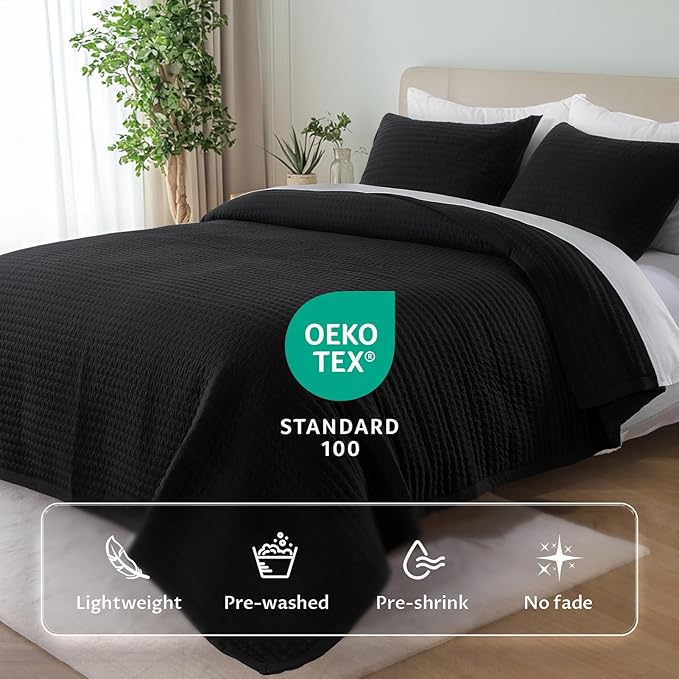 KASENTEX Twin Quilt Set 68"x86" – Soft Washed 3-Layer Lightweight Bedspread, Minimalist Nordic Design, All-Season Spring & Summer Quilt Set (1 Quilt + 2 Pillow Shams), Jet Black