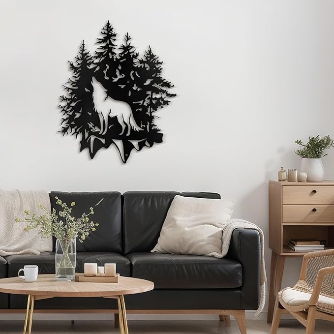 SIGNLEADER Metal Wall Art Decor Wolf and Pine Tree Minimalist Modern Abstract Wall Sculpture Hangings Home Decoration for Living Room, Bedroom, Bathroom, Kitchen, Outdoor - 24" Black