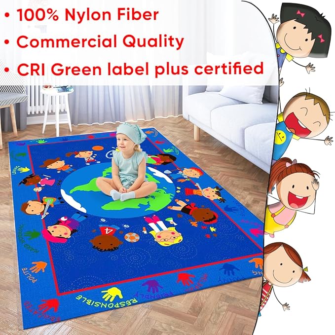 KIDCARPET.COM World Character Rectangle Classroom Rug | Bordered Area Rug for Preschool Daycare Learning, 7'6" x 12'