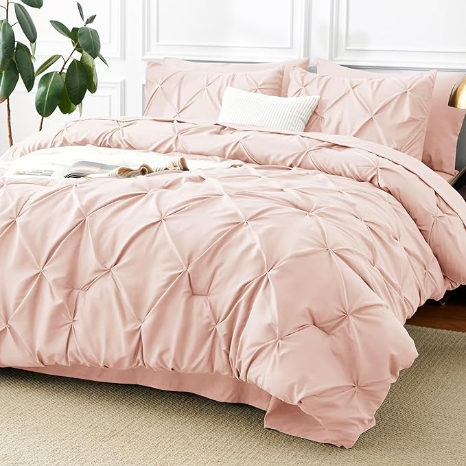 CozyLux King Size Comforter Set Blush Pink, 7 Pieces Pintuck Bed in A Bag Pink Comforter King Size, Pinch Pleat Bedding Set with All Season Comforter, Sheets, Pillowcases & Shams