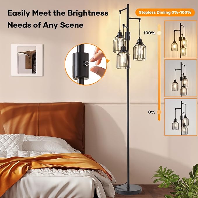 Dimmable Floor Lamp for Living Room, Farmhouse Floor Lamps with Elegant Hanging Cage, 3 x LED Edison Bulbs Included, 68.5" Industrial Standing Light for Bedroom Office Home Decor (Black)