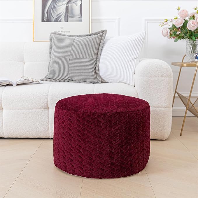 Stuffed Pouf Ottoman High Density Foam Ottoman Pouf for Living Room Bedroom Floor Storage Pouf Footstools Round Foot Rest Stool 20"x20"x12" with Foam Filler (Wine Red)