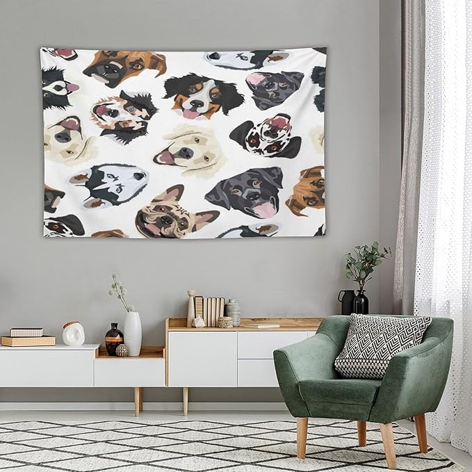 VUMIVI Dog-Head Tapestry Cartoon Pet Illustrations Cute Funny Animals Colorful Graffiti Tapestry Wall Hanging for Living Room Bedroom Dorm Classroom Aesthetic Decor W90xL60in