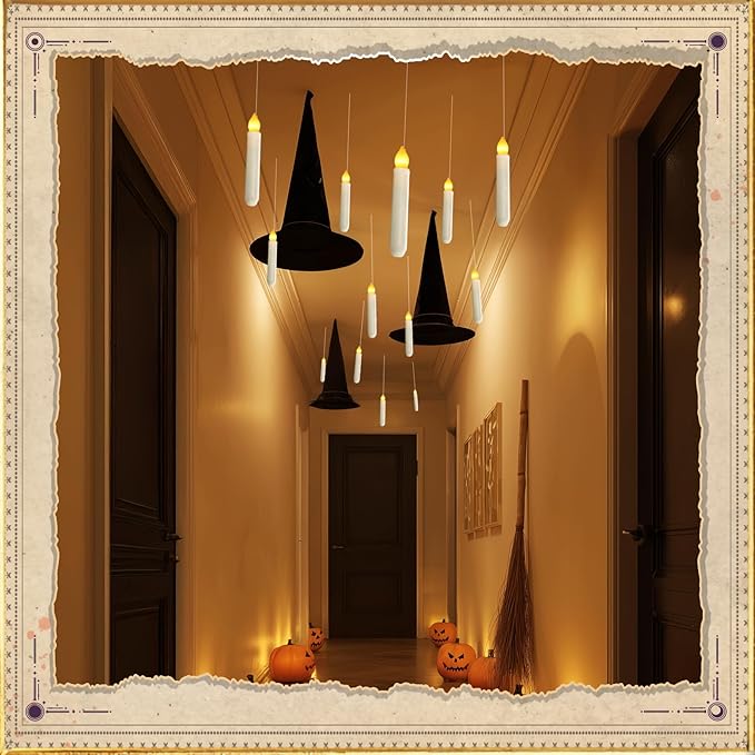 Homemory 20 Pcs Floating Candles with 2 Wand, LED Warm Yellow Magic Deco Candle, Warm Yellow Flameless Taper Candles for Halloween Party Decor