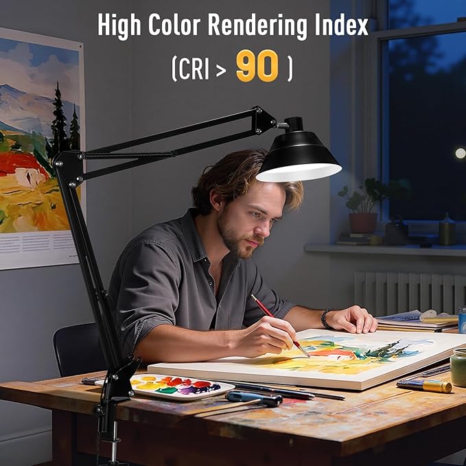 Led Desk Lamp for Home Office - Swing Arm Desk Lamp with Clamp - Architect Adjustable Gooseneck Table Lamp with 5 Color Modes & 10 Brightness for Reading Working Drafting (Black)