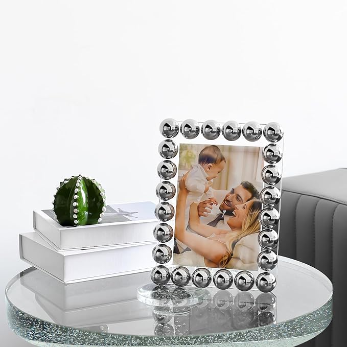 Crystal 5x7 Inch Picture Frame, Home Decor Ball Wedding Photo Frame Tabletop Display, Display Pictures 5''x 7'', Silver, Comes with Gift Box