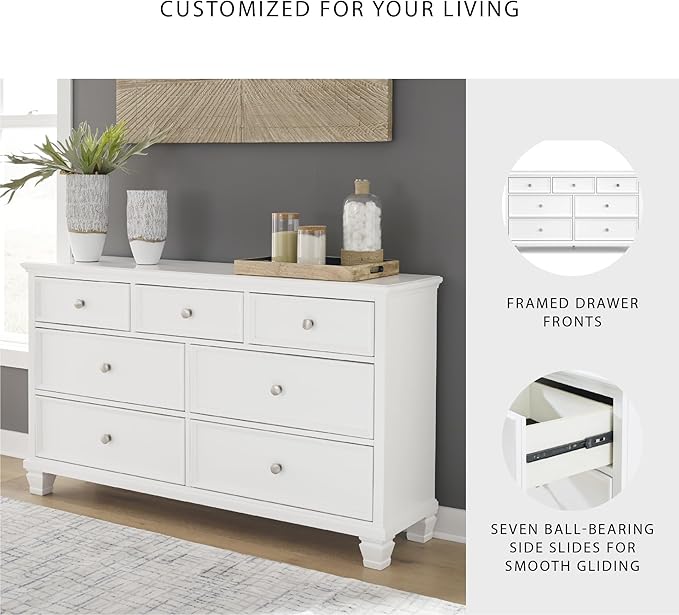 Signature Design by Ashley Fortman Casual Dresser with 7 Storage Drawers and Tapered Feet, Round Metal Knobs" Satin Nickel-tone, Wood, 36" High, White