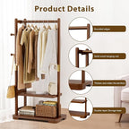 Solid Wood Clothes Rack with 2 Shelves & 4 Hooks for Hanging Clothes Garment Wallets Hats, Clothing Rack Heavy Duty Coat Rack Freestanding with Storage Hall Tree for Hallway Bedroom Living Room