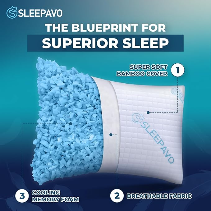 Adjustable Shredded Memory Foam Pillow Queen Size - Soft or Firm Rayon Derived from Bamboo Pillow for Side Sleeper, Stomach & Back - Cold Cooling Gel Bed Pillows for Sleeping Comfortable Pillows