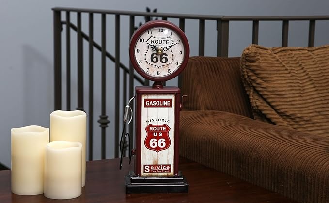 Lily's Home Old Fashioned Route 66 Gas Pump Mantle Clock, Silent-Non-Ticking with Quartz Movement, Makes an Ideal Gift for Antique Sign Collectors, Brown/Red (13 1/2" x 4 3/4")