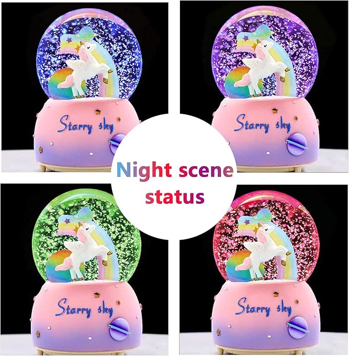 Unicorn Music Snowball, 3.94 Inch Automatic Snowfall Music Box, with LED Rainbow Snow Lights, Birthday, Christmas, Ideal Gift for Girls