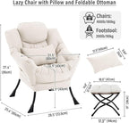 Lazy Chair with Ottoman, Modern Accent Chair with Lumbar Pillow, Beige Sofa, Lounge Chairs with Folding Footrest, Oversized Supportive Chairs for Bedroom, Reading