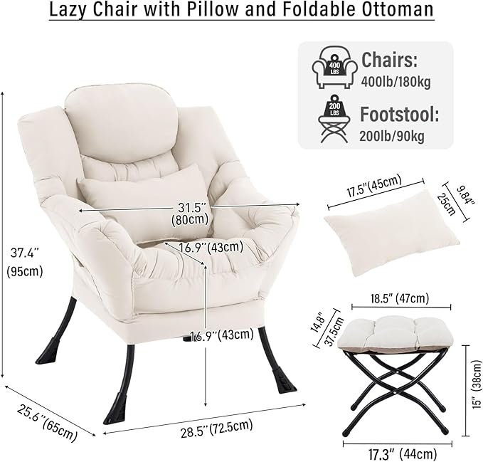 Lazy Chair with Ottoman, Modern Accent Chair with Lumbar Pillow, Beige Sofa, Lounge Chairs with Folding Footrest, Oversized Supportive Chairs for Bedroom, Reading