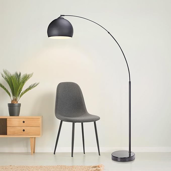 Teamson Home Arquer 66.93" Arc Floor Lamp for Living Rooms, Home Offices, Dining Rooms, Bedrooms with Faux Black Marble Base and Black Bell Shade