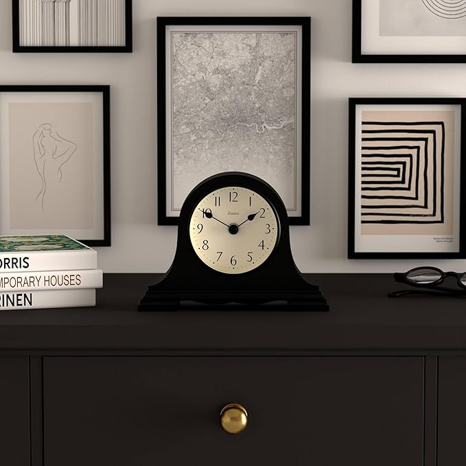 JONES CLOCKS® Speakeasy Mantel Clock | Classic Napoleon’s hat Design | Black | Contemporary Classic Style for Desk, Table, Shelf or Bedside