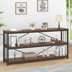 IBF Walnut Low Wide Bookcase, Vintage 63 Inch Long 3 Tier Open Book Shelf, Farmhouse Big Wood Metal Sturdy Bookshelf Display Case, Simple Large Etagere Bookshelves for Home Living Room Office Bedroom