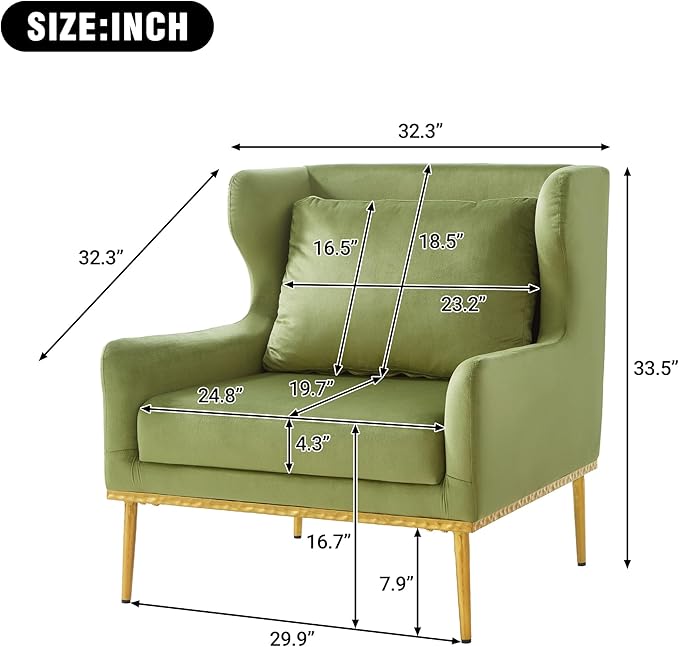 Merax Luxury Velvet Accent Chair, Modern Mid-Century Armchair for Living Room, Bedroom Reading Corner, Comfortable Tufted Single Seater Sofa Chair with Iron Legs (Green)