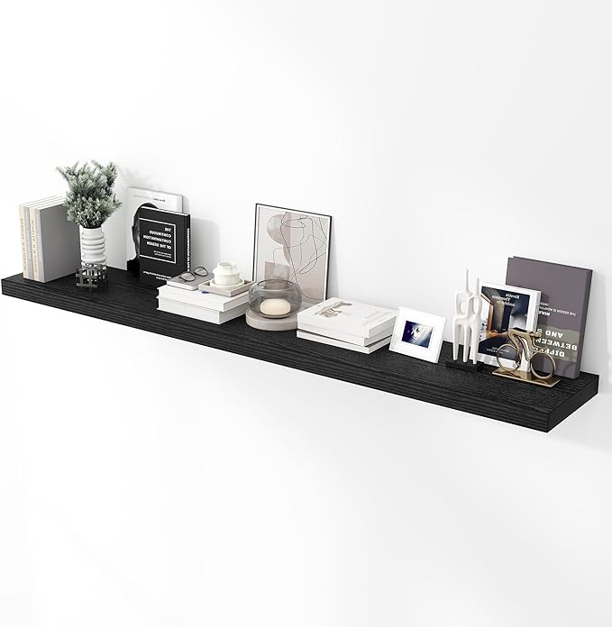 72 inch Floating Shelves for Wall, 12 Inch Deep Floating Shelf, Hanging Shelf with Invisible Brackets, Rustic Wooden Wall Shelves for Bathroom, Bedroom, Living Room,Farmhouse Set of 1,Black