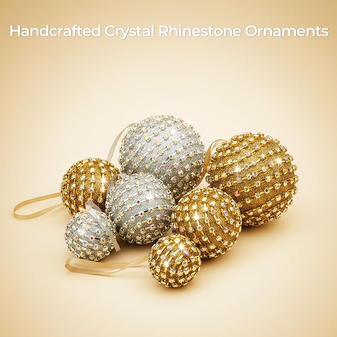 Iridescent Crystal Rhinestone Ball Ornaments, 4 Pack Handcrafted Sparkling Christmas Tree Decorations, Hanging Ornaments for Holiday & Home Décor in Luxury Gift Box