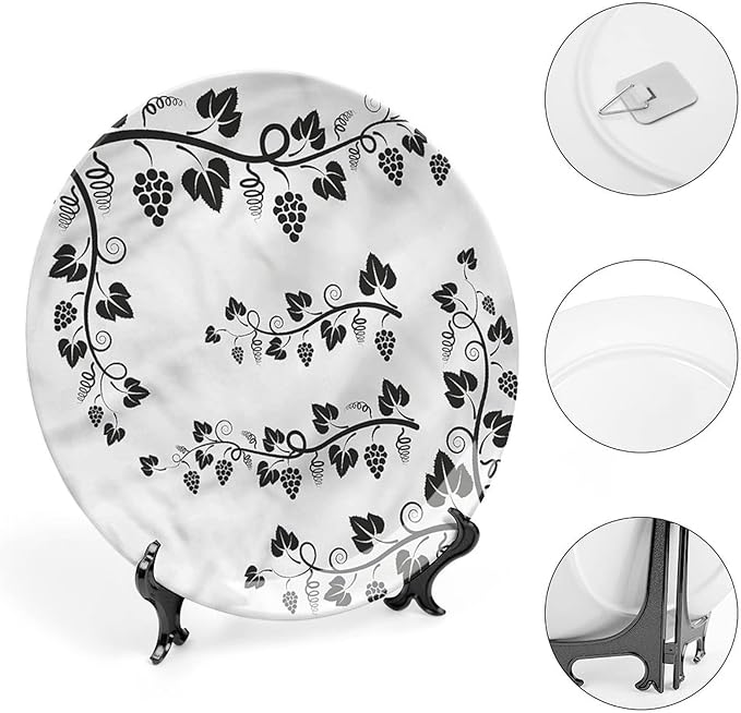 XISUNYA 8 Inch Decorative Plate, Vine Porcelain Plate, Grapes with Twigs Swirl Botany Print Ceramic Wall Hanging for Fine Dining, Upscale Events, Dinner Parties, Weddings, Catering Christmas