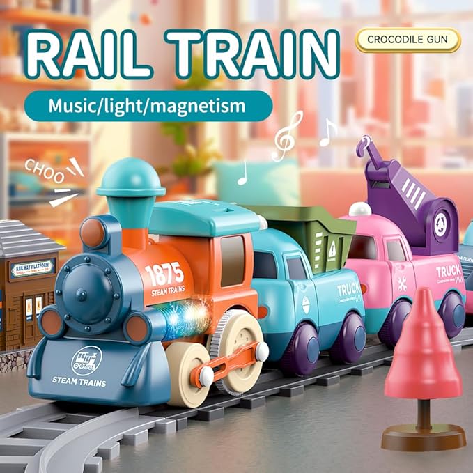 Kids Electric Train Toys with Tracks - Lighting & Music Trains for Boys Girls, Choo Choo Train，Magnetic Connection, Battery Operated, Birthday Gift for Boys Girls Age 4 5 6 7 8 (19052D-1)