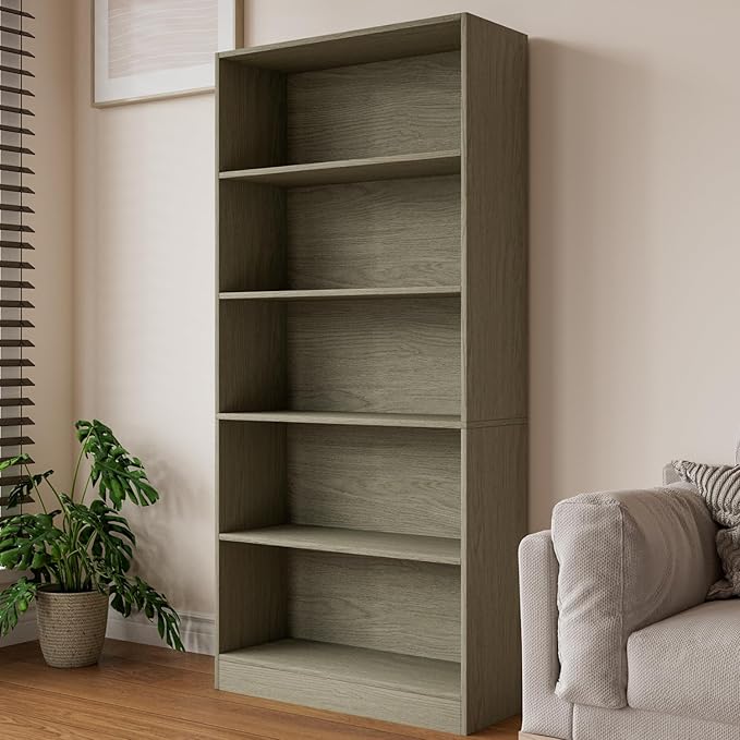 Wood Bookcase 5-Shelf Freestanding Display Wooden Bookshelf for Home Office School (Grey Oak)