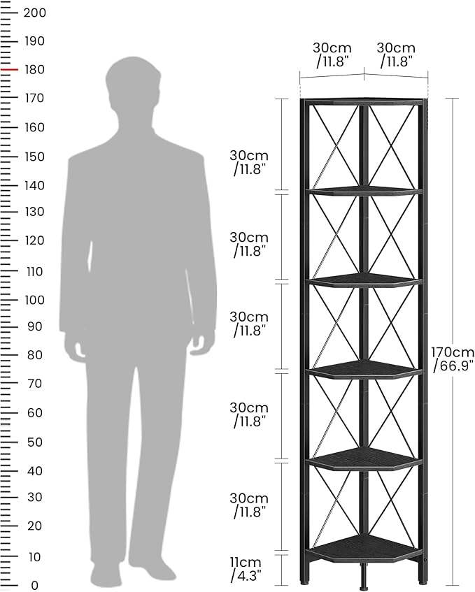 6-Tier Corner Shelf, Corner Bookcase, 66.9" Tall Vertical Display Rack, Plant Stand, Open Storage Shelf, for Living Room, Bedroom, Study, Kitchen, Black TCJ13BB