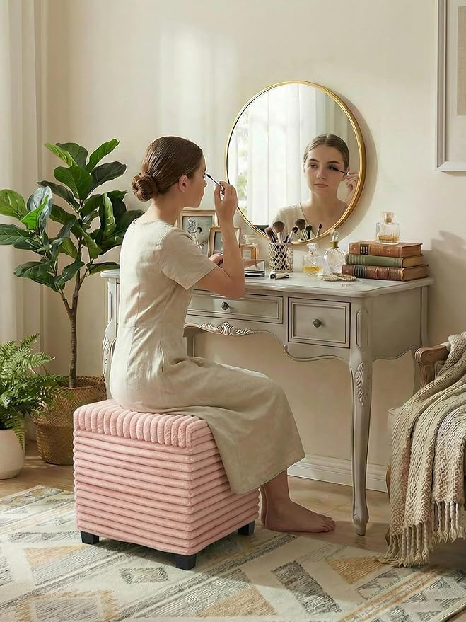 17.7 inches Faux Fur Ottomans Cube with Legs, Metal Framed Vanity Stool Chair Storage Ottoman Foot Rest Stool, Holds 770 LB for Dorm Living Room Bedroom Pink UASND643P