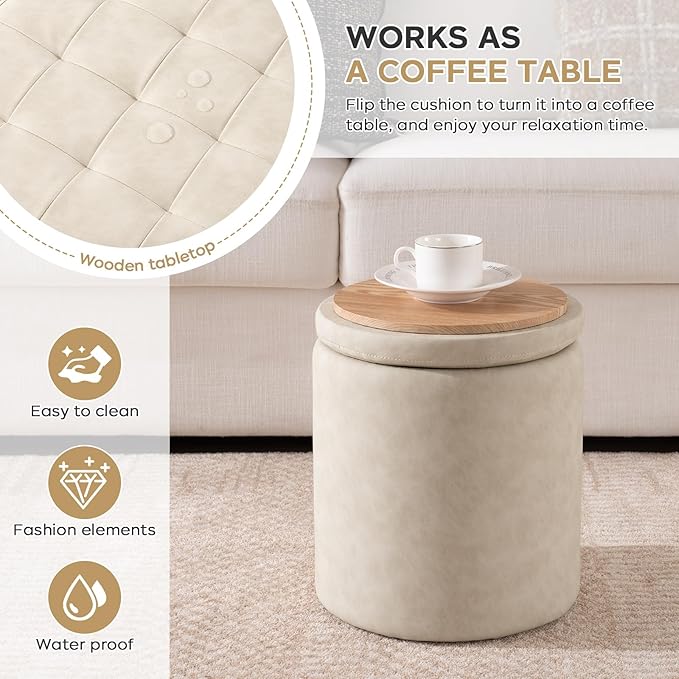 Faux Leather Round Ottoman with Storage 12.6" W x 14.17" H & 14.76" W x 17.32" H Set of 2, Small Boucle Coffee Table Footstool with Removable Lid for Living Room, Bedroom, Beige