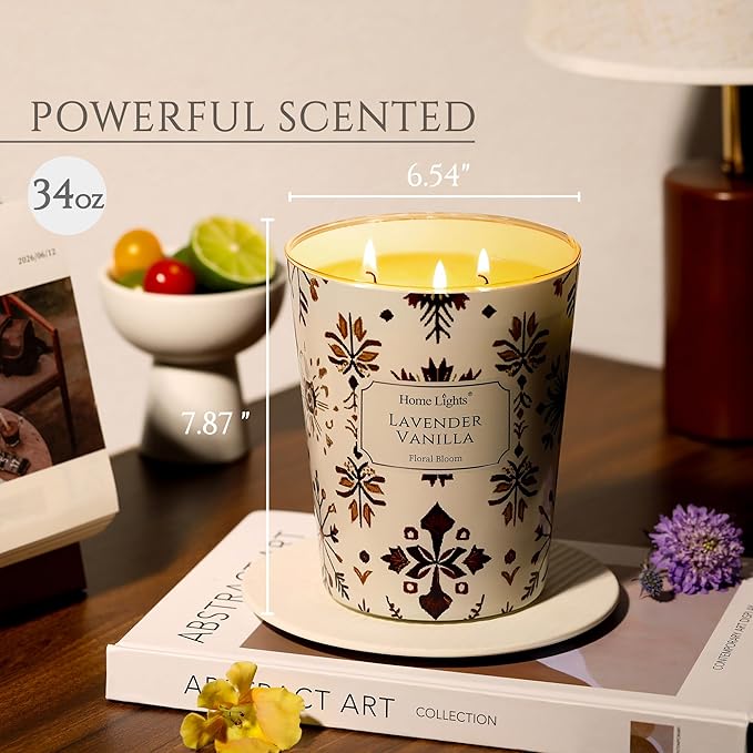 HomeLights Scented Candles | Large Jar 34 Oz Natural Soy Candle | 130 hrs Long-Lasting with 3 Wicks | Bohemian Natural for Home Decor | Gifts for Mom & Women, Lavender Vanilla