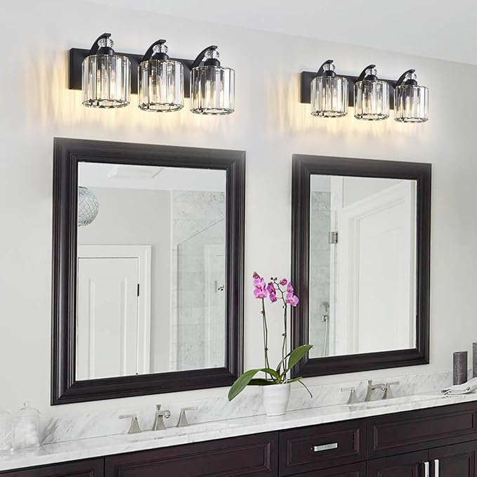 3-Light Black Bathroom Light Fixture Modern Vanity Lights Over Mirror Vintage Wall Sconce Lighting for Bathroom, Bedroom, Living Room, Hallway E26 Base with Crystal Bathroom Vanity Light