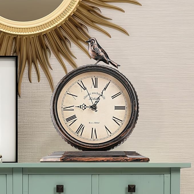 8-Inch Antique Mantel Clocks for Living Room, Retro Table Metal Silent Clocks for Fireplace, Easy to Read Decorative Mantel Clocks with Top Bird for Bedroom, Office, Desktop (Roman Numerals)