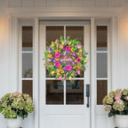 Spring Wreaths for Front Door Outside – 24 Inch Artificial Tulip & Wildflower Summer Wreath with Green Eucalyptus Leaves and Welcome Sign- Indoor Outdoor Farmhouse Home Porch Wall Decor