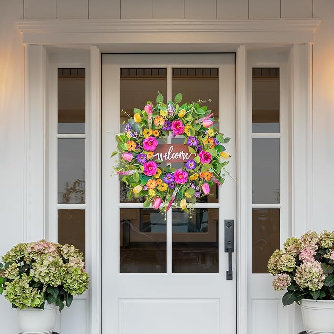 Spring Wreaths for Front Door Outside – 24 Inch Artificial Tulip & Wildflower Summer Wreath with Green Eucalyptus Leaves and Welcome Sign- Indoor Outdoor Farmhouse Home Porch Wall Decor