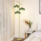 Glass Gold Floor Lamp for Living Room,Bedroom,Mid Century Modern Standing Lamp Brass Tree 3 Light Tall Floor Lamps Vintage Retro Floor Lights Green Flower Lamp Shade Farmhouse Boho Bohemian