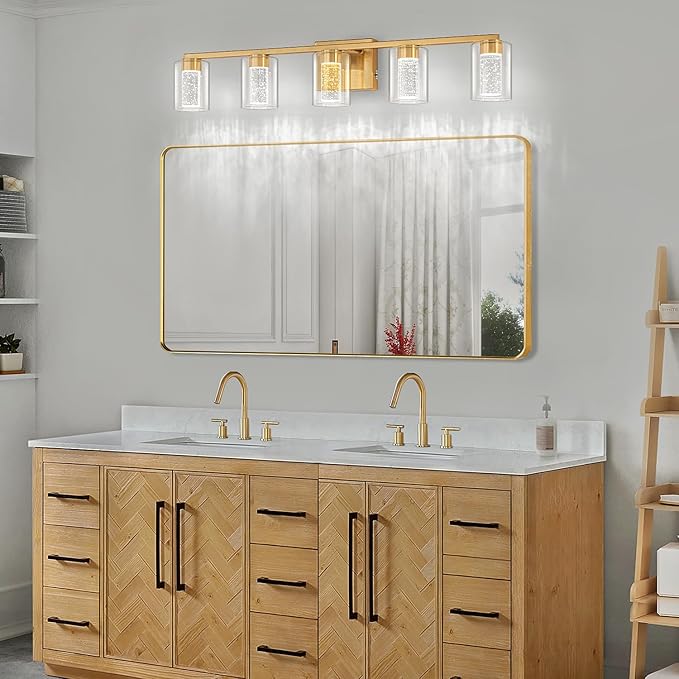 SineRise 5-Light Gold Vanity Light with 3 Color Modes (3000K/4000K/6000K), Eye Protection LED Bathroom Light Fixture, Dimmable Modern Wall Light Over Mirror with Clear Glass Shade