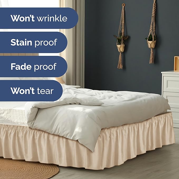 Wrap Around Dust Ruffle Bed Skirt - Cream - for Queen Size Beds with 24 Inch Drop - Easy Fit Elastic Strap - Adjustable Pleated Bedskirt w/Brushed Fabric - Wrinkle Free - for Women, Men, Kids & Teens
