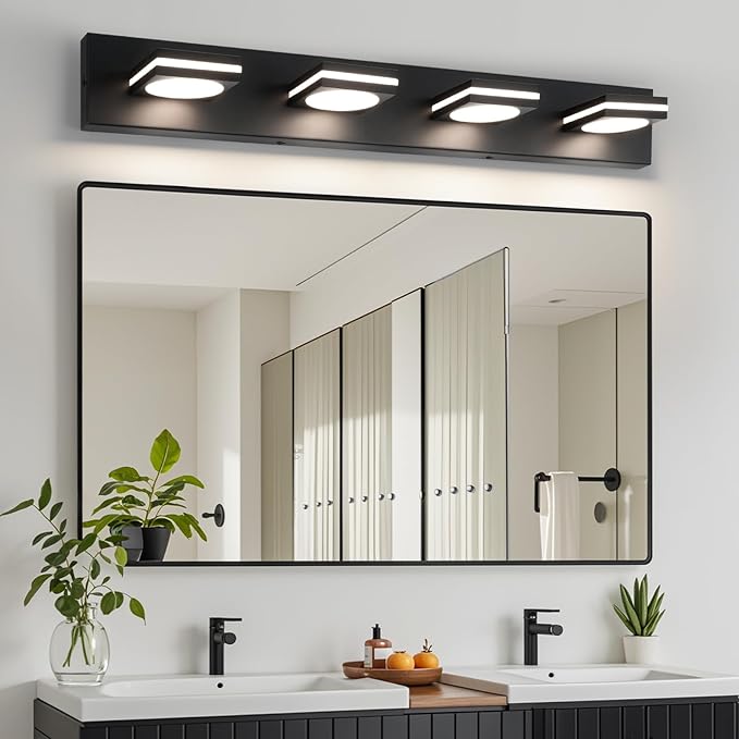 OKELI 4-Light LED Bathroom Vanity Light Fixtures, Matte Black Modern Bathroom Wall Lighting Fixtures Over Mirror (3CCT, 3000K-6000K)