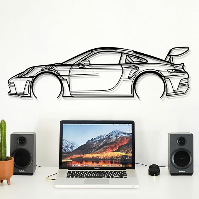 Dekory Car Wall Art – 911 GT3 RS (992) Black Metal Sports Car Silhouette, Modern Industrial Automotive Wall Decor for Garage, Living Room or Bedroom – 16 Inch (XS)