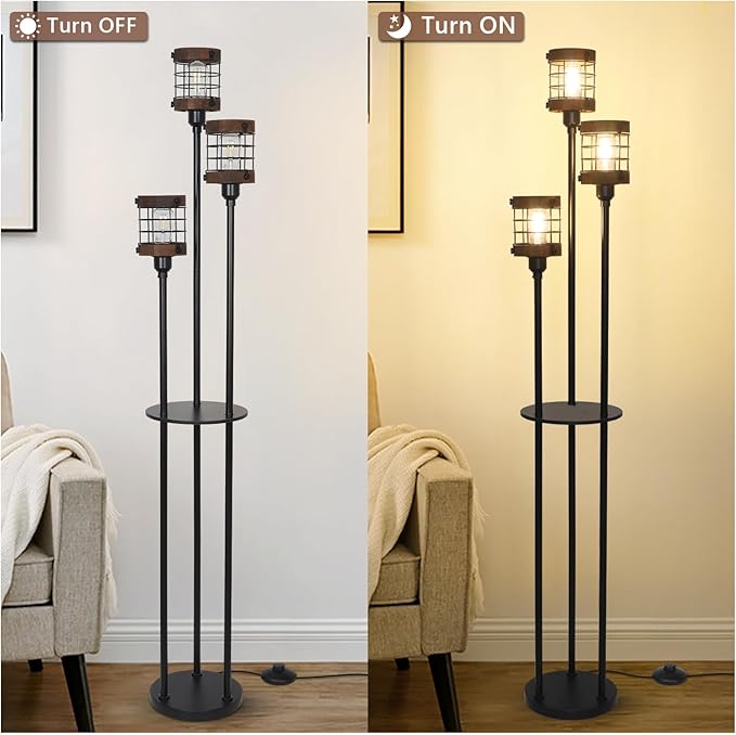 Airposta Vintage Floor Lamp with Shelves, Farmhouse Wood Floor Lamps for Living Room, Black Standing Lamp for Bedroom, Industrial Floor Lamp with Table, Rustic Tall Lamp for Office Corner Home Décor