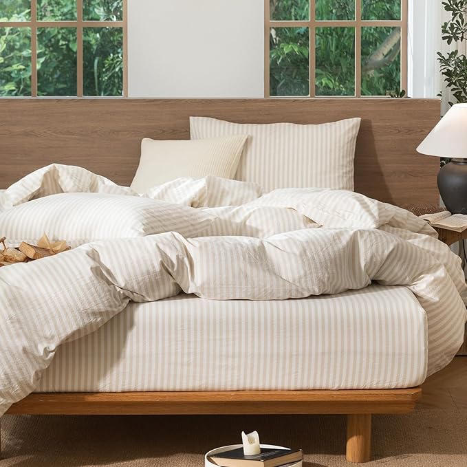 MooMee Striped Duvet Cover Set 100% Washed Cotton Linen Like Textured Breathable Durable Soft Comfy (Almond Milk Grey Classic Stripes, Palatial King/Oversized King 120"x98")