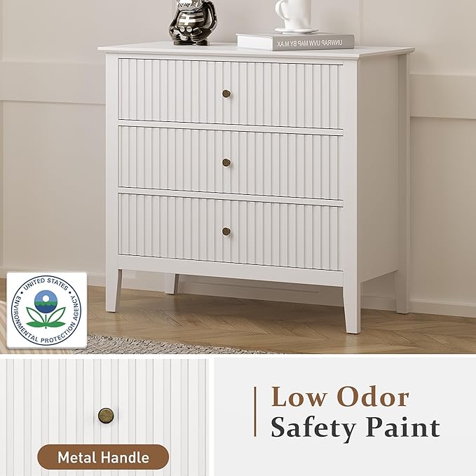White Large 3 Drawer Dresser Set of 2, Painted 30 Inch Tall Wood Nightstand with Storage, Wide Modern Chest of Drawers with Ball Bearing Slide for Bedroom Hallway Living Room Entryway