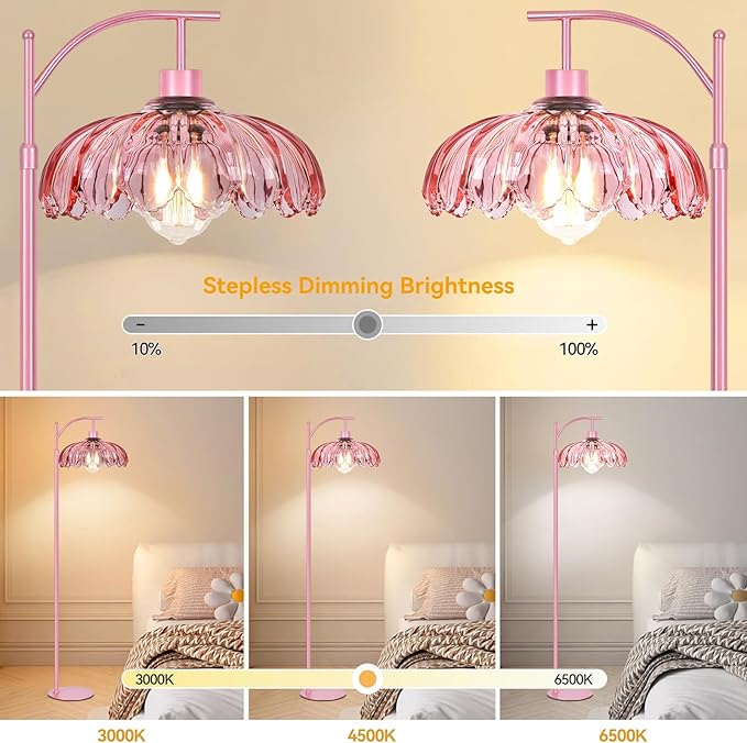 Pink Floor Lamp for Living Room,Bedroom,Glass Dimmable Standing Lamp with Remote,Gold Mid Century Modern Brass Tall Lamp Boho Floor Lamps Arc Stained Flower Floor Light Lamp Girls kids Bohemian