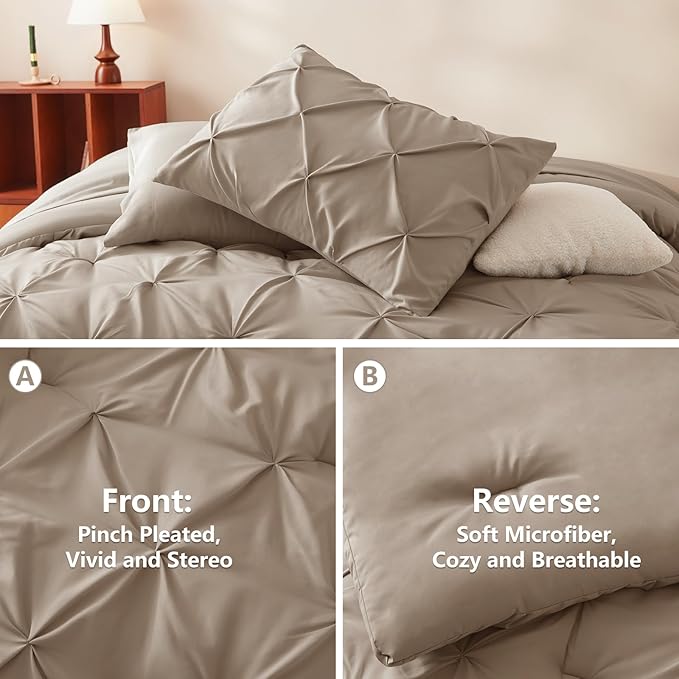 CozyLux King Size Comforter Set Khaki, 7 Pieces Pintuck Bed in A Bag Khaki Comforter King Size, Pinch Pleat Bedding Set with All Season Comforter, Sheets, Pillowcases & Shams