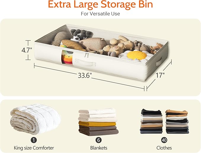 Soft-Sided Foldable Under bed Storage Bags with Window,No Rigid Frame Closet Organizers,Storage Containers for Blankets, Clothing, Comforter, Collapsible Fabric Design,4 Pack, White Ivory