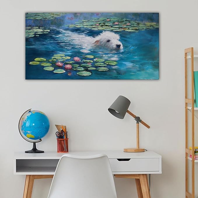 Dog Monet Wall Art with - Large Canvas Wall Art for Bedroom - Framed Landscape Pictures Decor - Classic Vintage Artwork for Living Room, Bedroom, or Office Paintings Wall Decor 20×40IN