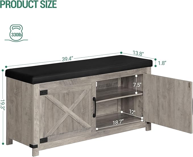 Shoe Storage Bench, 2 Tier Shoe Bench with Padded Seat Cushion & 2 Barn Doors, Entryway Bench with Adjustable Shelf, Farmhouse Shoe Cabinet for Living Room, Bedroom, Greige SB26605BK