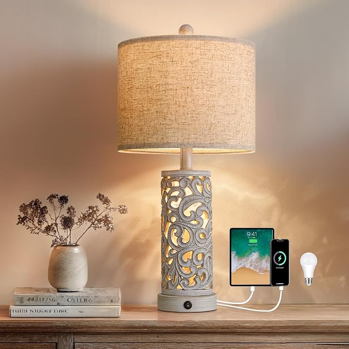 OYEARS 22'' Farmhouse Table Lamp for Living Room, Bedside Lamp with 2 USB Ports for Bedroom, Rustic Nightstand Lamp with Linen Lampshade for Office Hallway Home Decor, Distressed Grey (Bulb Included)