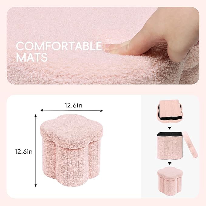 PINPLUS Floral Storage Ottoman Cube Boucle Footrest Stool with Lid, Multi-Functional Cube Seat for Living Room, Dorm & Bedroom – Pink 12.6"x12.6"x12.6"